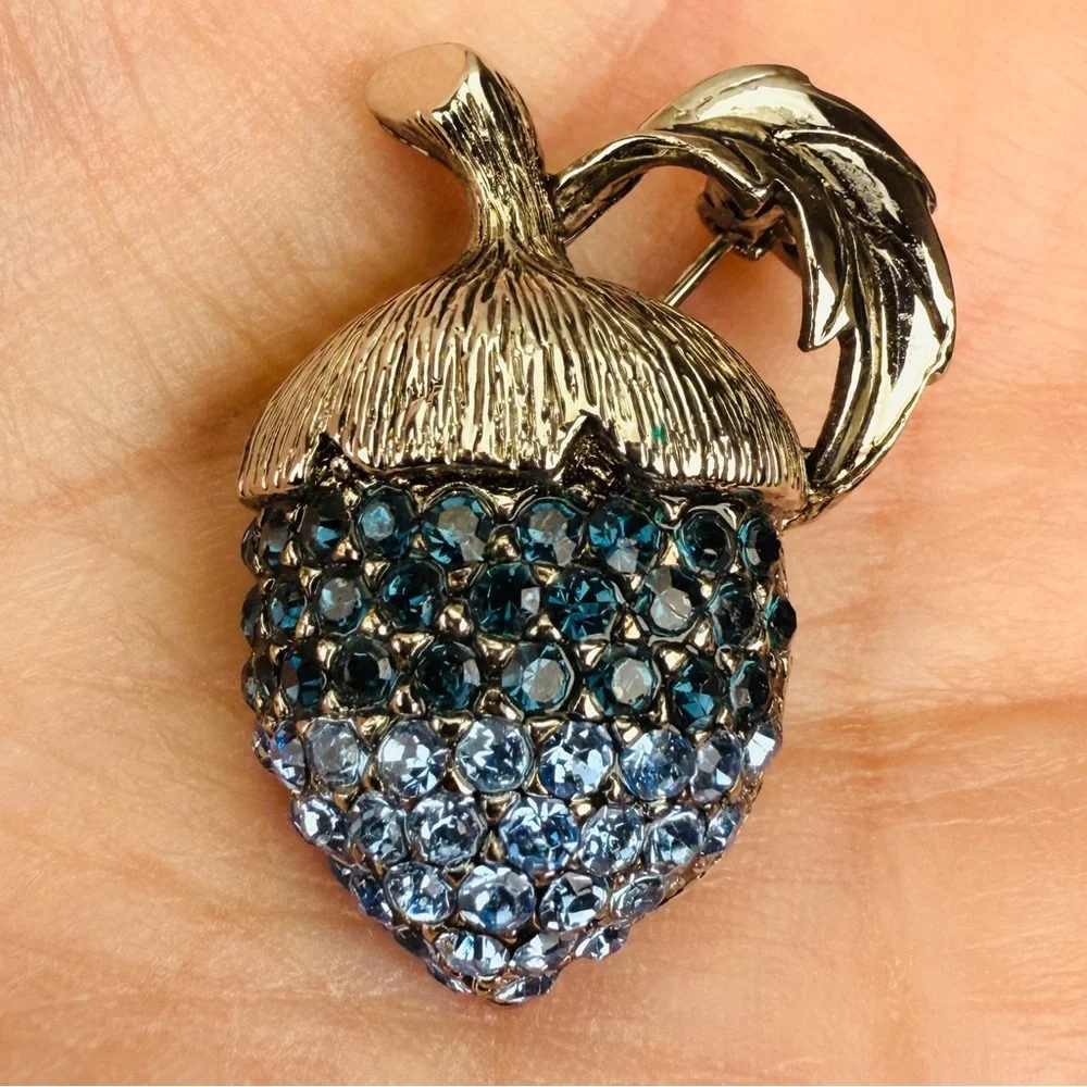 Silvertone and Blue Acorn Brooch Pin